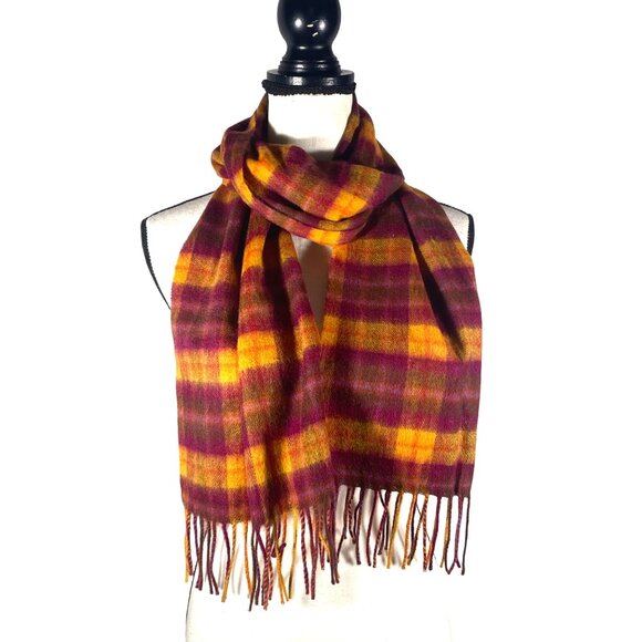 Amicale Merino Wool Plaid Scarf yellow Orange & Fuchia Purple Tartan Fringed - Picture 6 of 6